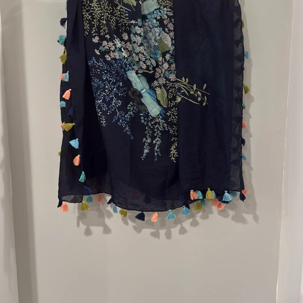 Floral Blue Scarf with Colorful Tassel Accents